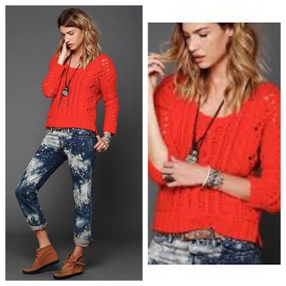 FREE PEOPLE Red knit FLUFF sweater crochet xs s - Picture 1 of 6